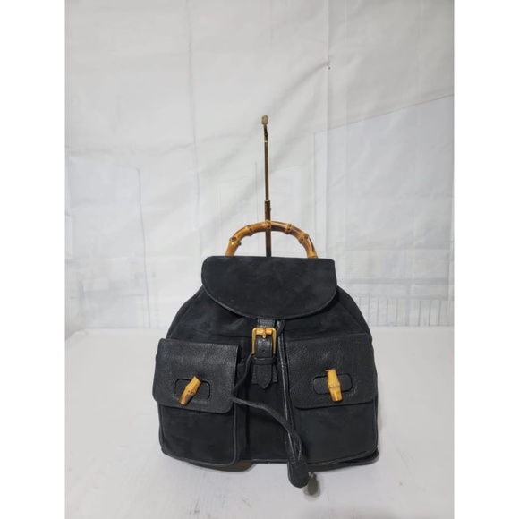 Authentic Gucci Vintage Suede & Leather Bamboo Backpack Black - Picture 5 of 12